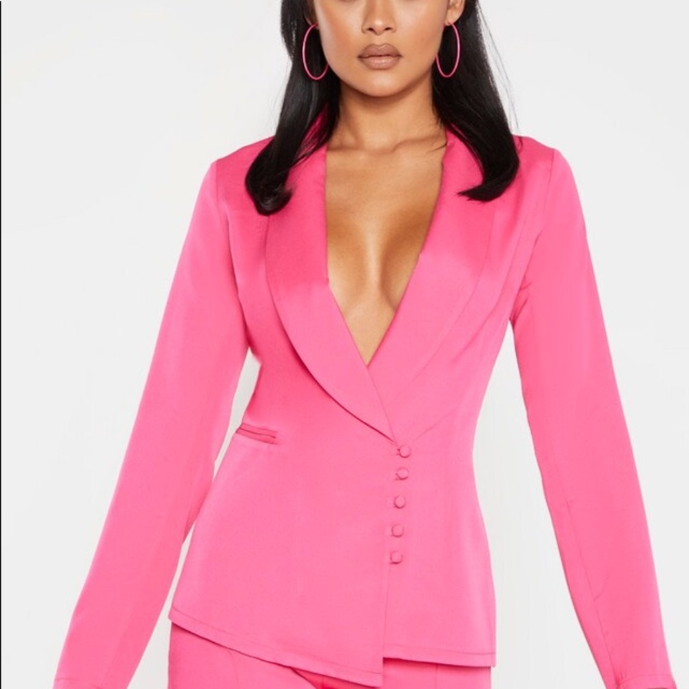 Hot Pink Woven Collar Button Detail Blazer